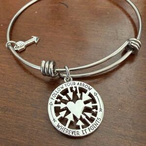 Silver-Tone 'Follow Your Arrow' Heart Charm Bangle Bracelet. Grad/ new job gift